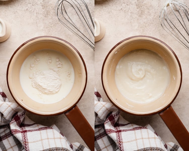 Two side-by-side images showing the tangzhong process. On the left, milk and flour are combined in a small saucepan; on the right, the mixture has been cooked into a smooth, thick paste.