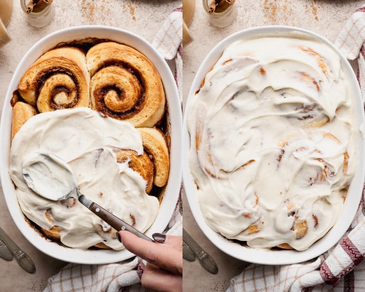 Two images showing the finishing stage. On the left, a hand spreads cream cheese frosting over warm baked cinnamon rolls; on the right, the pan is fully covered with creamy frosting, ready to serve.