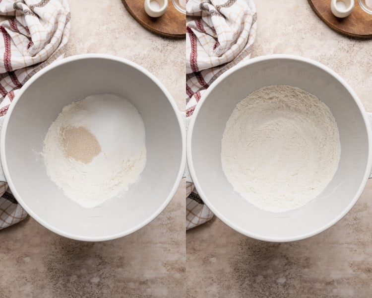 Two overhead images of a mixing bowl showing the dry ingredients for cinnamon roll dough. On the left, yeast, flour, sugar, and salt are added; on the right, they are whisked together into a uniform mixture.