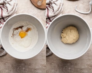 Two images showing the start of the dough-making process. On the left, a bowl with flour, tangzhong, egg, milk, and vanilla extract; on the right, a smooth dough beginning to form after mixing.