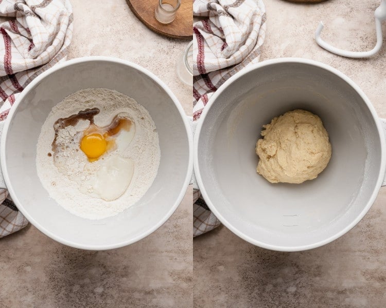 Two images showing the start of the dough-making process. On the left, a bowl with flour, tangzhong, egg, milk, and vanilla extract; on the right, a smooth dough beginning to form after mixing.