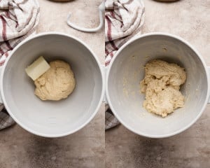 Two images showing butter being incorporated into the dough. The left image shows a pat of butter on top of the dough, and the right shows the dough after kneading, becoming soft and elastic.