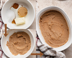 Three-step collage showing how to make the cinnamon caramel sauce for the pan. Top-left: ingredients including butter, brown sugar, cinnamon, sugar, vanilla, and cream. Bottom-left: mixture combined into a thick paste. Right: the sauce spread evenly over the bottom of a baking dish.