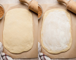 Two images showing rolled-out cinnamon roll dough on parchment paper. On the left, the plain rectangle of dough; on the right, the dough spread evenly with softened butter, ready for cinnamon sugar.