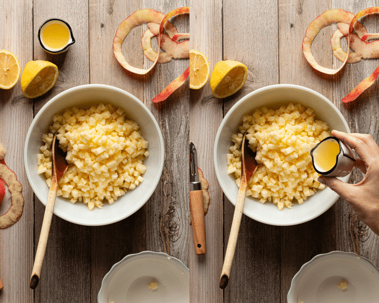 Side-by-side of adding chopped apples to bowl and pouring lemon juice on top.