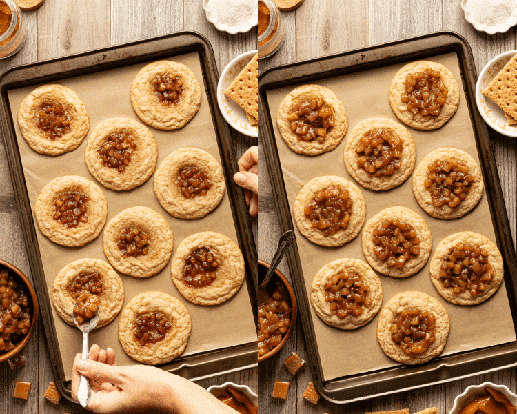 Side-by-side of adding extra apple pie filling to cookies after baking.