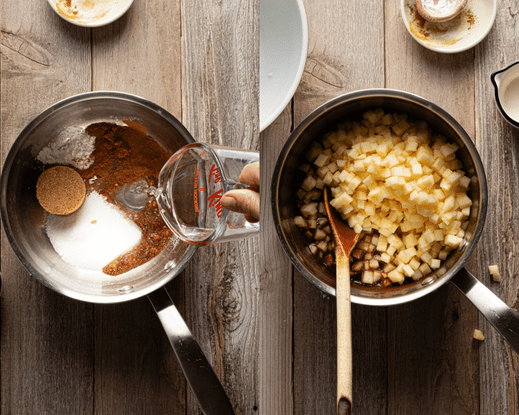 Side-by-side of adding sugar mixture to small saucepan then adding apples to cook.