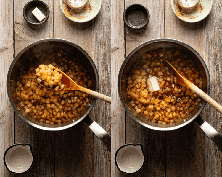 Side-by-side of apples cooked and then adding butter.
