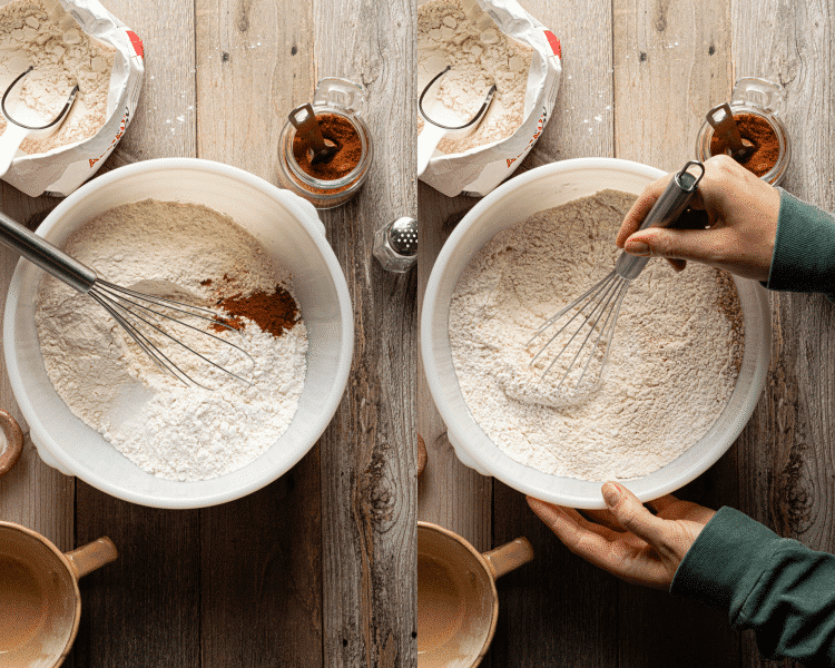 Side-by-side image of whisking dry ingredients in mixing bowl.