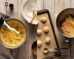 Side-by-side image of mixing wet and dry ingredients to form cookie dough.