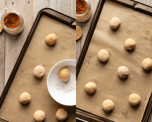 Side-by-side image of rolling dough balls into cinnamon sugar mixture.