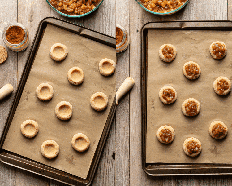 Side-by-side of pressing indent into cookie dough balls and filling with apple pie mixture.