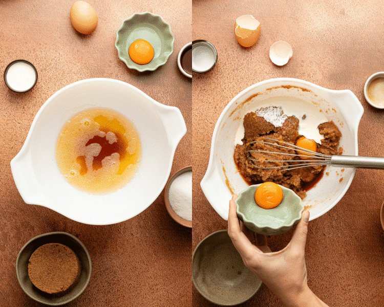 Side-by-side image of adding the wet of the wet ingredients to brown butter.