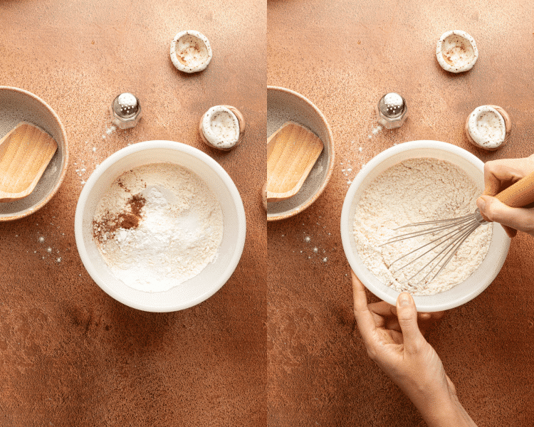 Side-by-side image of mixing together dry ingredients for brown butter pecan chocolate chip cookies.