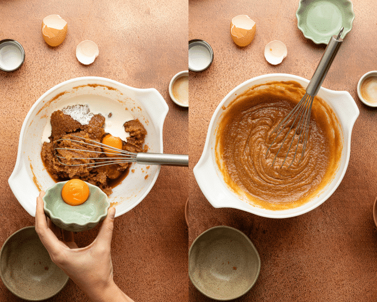 Side-by-side image of whisking the wet ingredients together for brown butter pecan cookies.