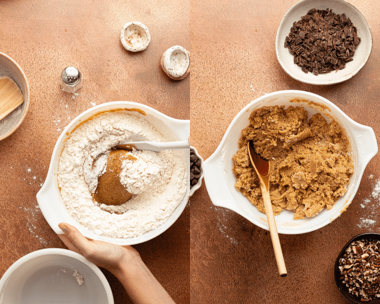 Side-by-side image of adding the dry ingredients to the wet ingredients and mixing until combined for pecan brown butter cookies.