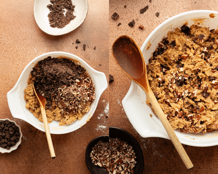 Side-by-side image of mixing in chocolate and pecans to cookie dough.