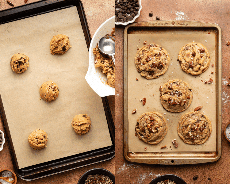 Side-by-side image of scooping cookie dough onto parchment-lined baking sheet and baking cookies until done.