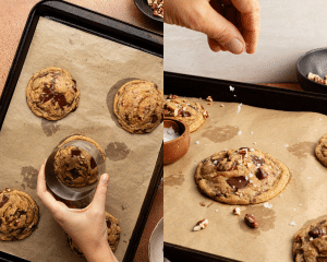 Side-by-side image using a cookie cutter to swirl around warm cookies to make perfect circles and sprinkling with extra flaky sea salt.