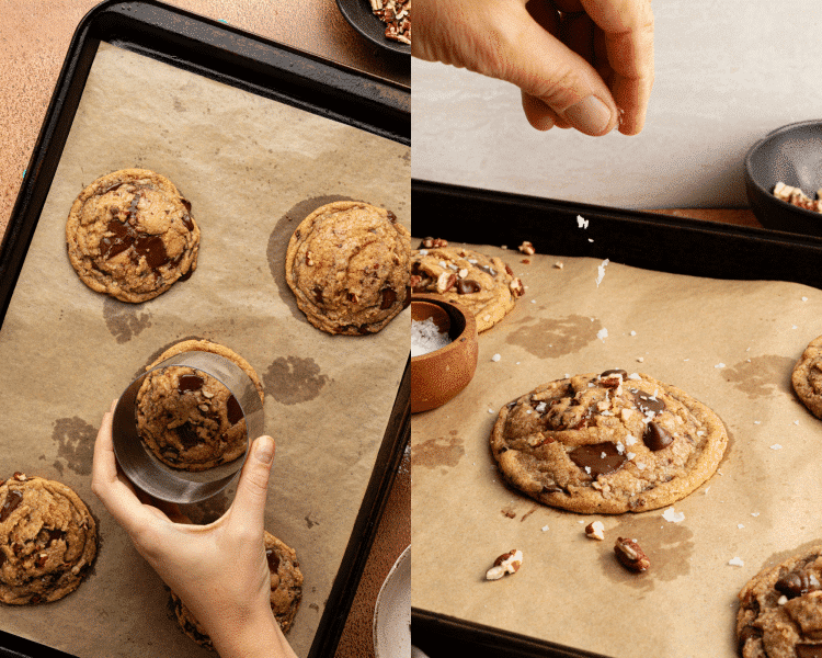 Side-by-side image using a cookie cutter to swirl around warm cookies to make perfect circles and sprinkling with extra flaky sea salt.