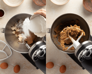 Side-by-side image of creaming butter and sugars for black and white chocolate chip cookies.