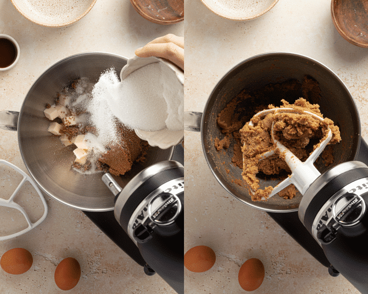 Side-by-side image of creaming butter and sugars for black and white chocolate chip cookies.