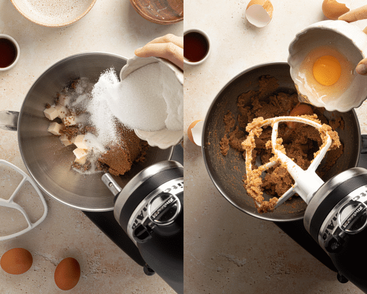 Side-by-side image of mixing wet ingredients in a stand mixer for black and white cookies.