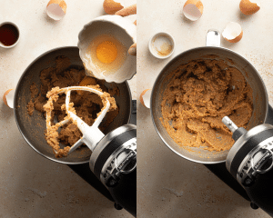 Side-by-side image of adding the rest of the wet ingredients to the butter and sugar in stand mixer.