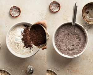 Side-by-side image of whisking dry ingredients in a separate mixing bowl.