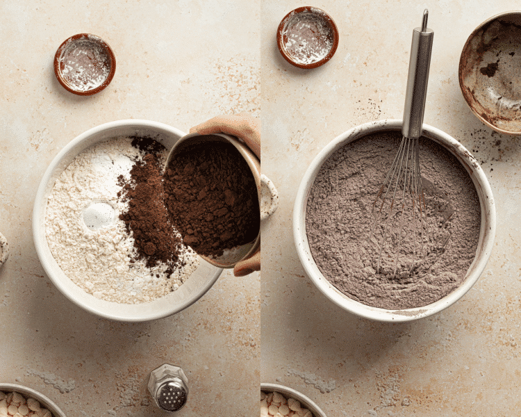 Side-by-side image of whisking dry ingredients in a separate mixing bowl.