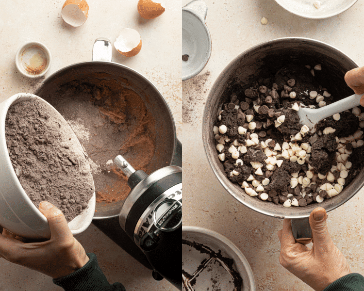 Side-by-side image of adding the dry ingredients to the wet ingredients.