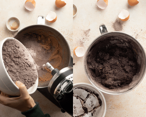 Side-by-side image of adding the dry ingredients to the wet ingredients and mixing until just combined.