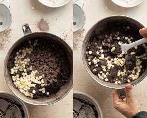 Side-by-side image of adding in the chocolate chips and stirring with a rubber spatula to combine.