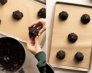 Side-by-side image of grabbing cookie dough and placing it on prepared baking sheets.