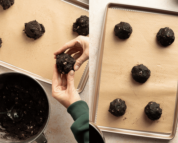 Side-by-side image of grabbing cookie dough and placing it on prepared baking sheets.