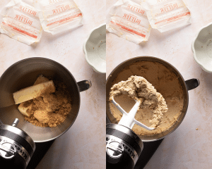 Side-by-side image of creaming the softened butter and brown sugar in mixing bowl.