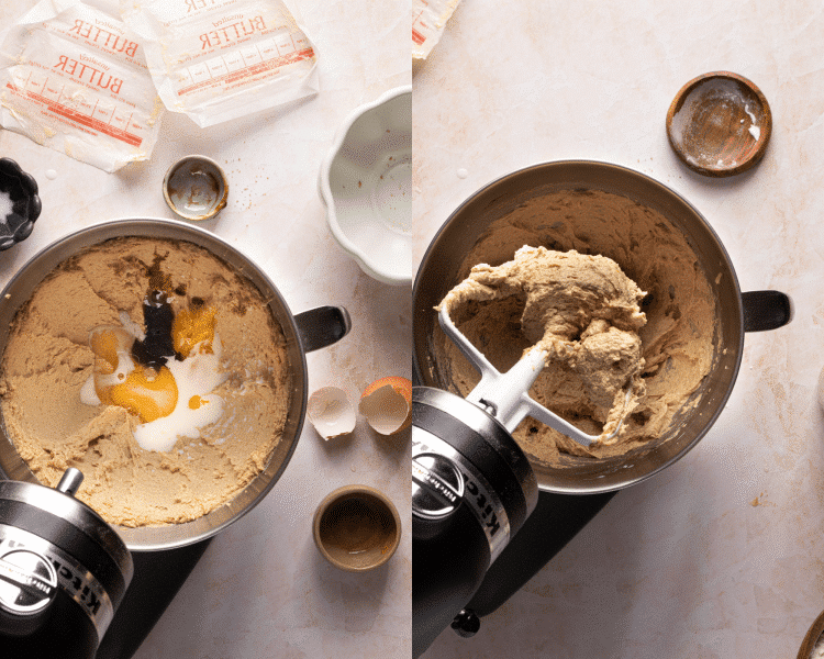 Side-by-side image of adding the rest of the wet ingredients to the creamed butter and sugar in mixing bowl.