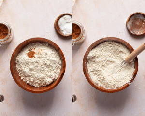 Side-by-side of whisking the dry ingredients together for brown sugar cookies.
