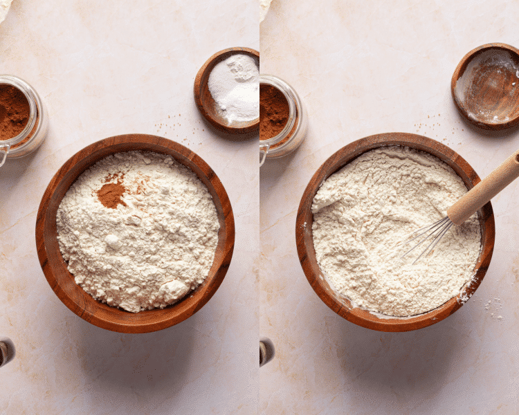 Side-by-side of whisking the dry ingredients together for brown sugar cookies.