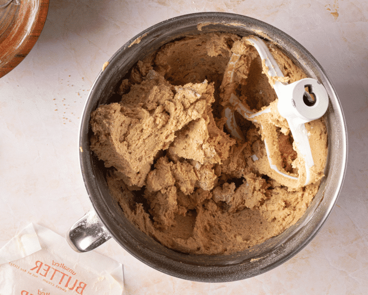 Cookie dough in mixing bowl after combining the wet and dry ingredients.