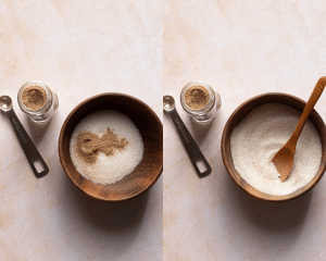 Side-by-side image of mixing ingredients for cinnamon sugar mixture in small bowl.
