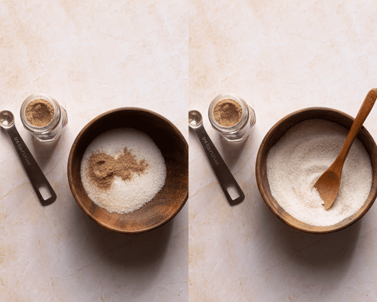 Side-by-side image of mixing ingredients for cinnamon sugar mixture in small bowl.
