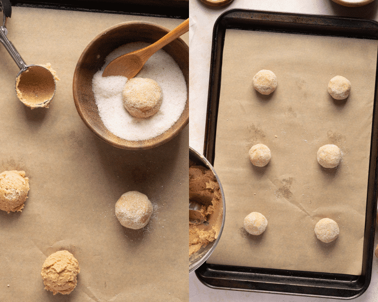 Side-by-side image of rolling cookie dough balls in sugar mixture then placing on parchment-lined baking tray.