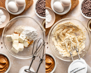 Side-by-side image showing mixing the cheesecake filling ingredients in clear mixing bowl.