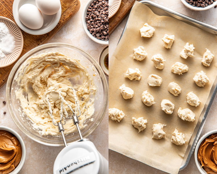 Side-by-side image of beating the cheesecake filling ingredients with hand mixer then spooning a teaspoon amount of a prepared baking sheet to freeze.