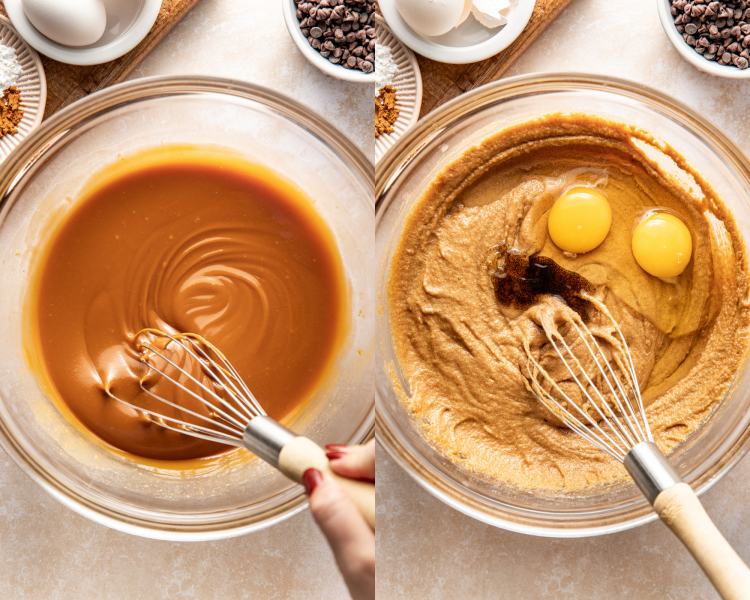 Side-by-side image of whisking together wet ingredients for biscoff cheesecake cookies.