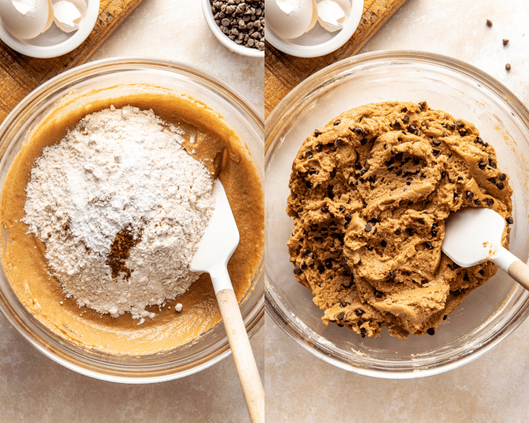 Side-by-side image of adding the dry ingredients and chocolate chips to form cookie dough.