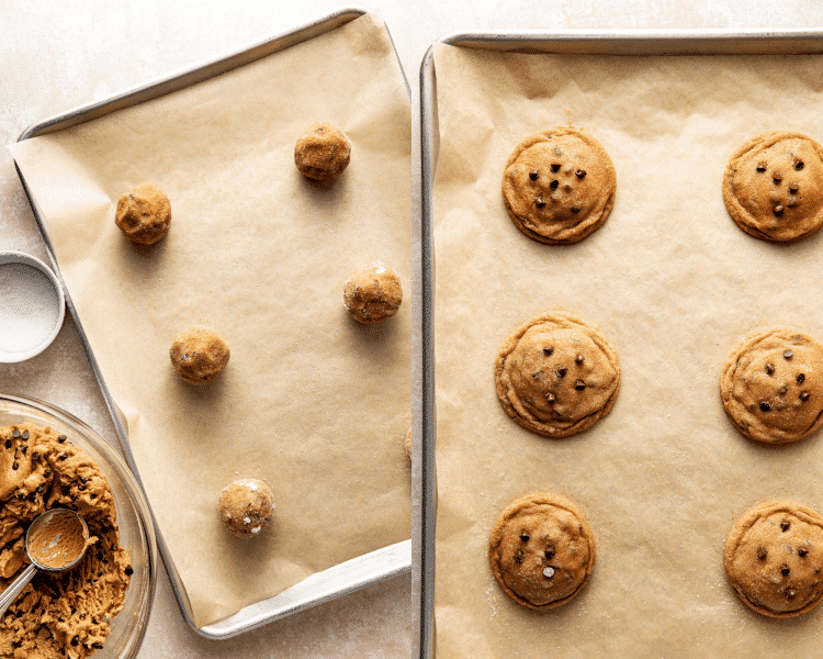 Side-by-side image of placing the cookie dough balls on baking sheet and baking for 8-10 minutes.