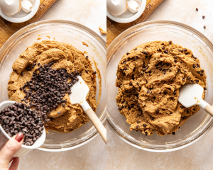 Side-by-side image of adding the chocolate chips and folding in with a rubber spatula.