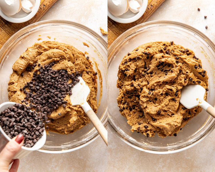 Side-by-side image of adding the chocolate chips and folding in with a rubber spatula.